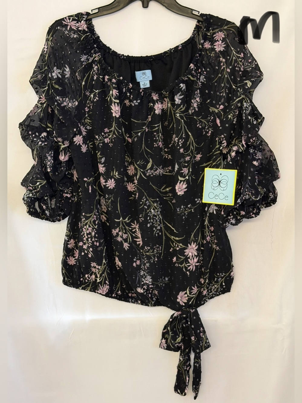 CeCe Black Floral Ruffle Tie-Hem Blouse